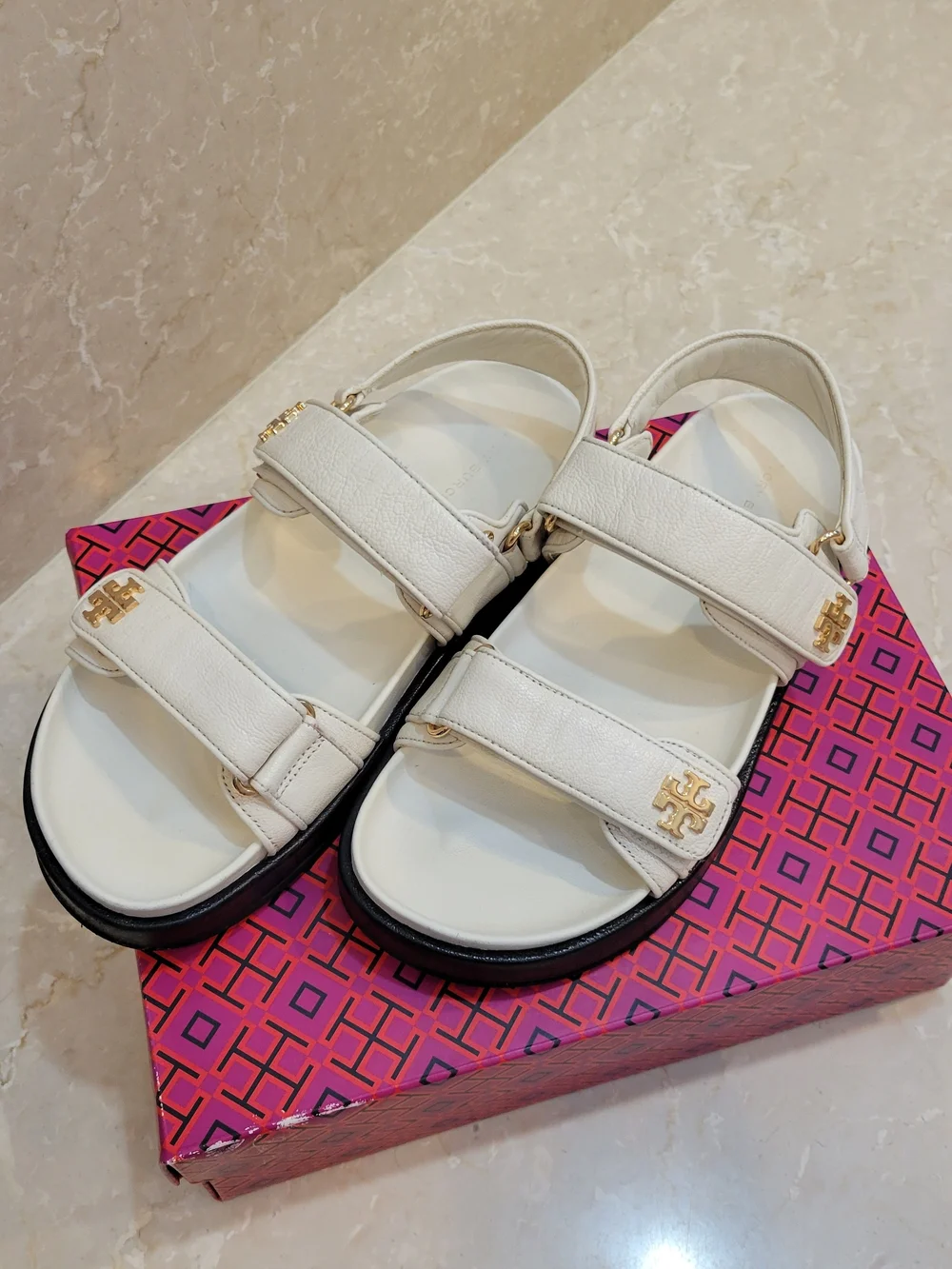 Tory Burch Kira White Sandals with Gold Logo